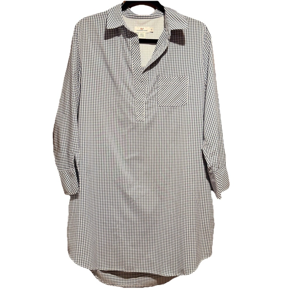 Vineyard Vines Performance Gingham Shirt Dress Navy Blue White Size 12